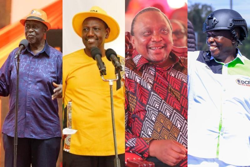 Collage photo of Oburu Oginga, William Ruto, Uhuru Kenyatta and Rigathi Gachagua.